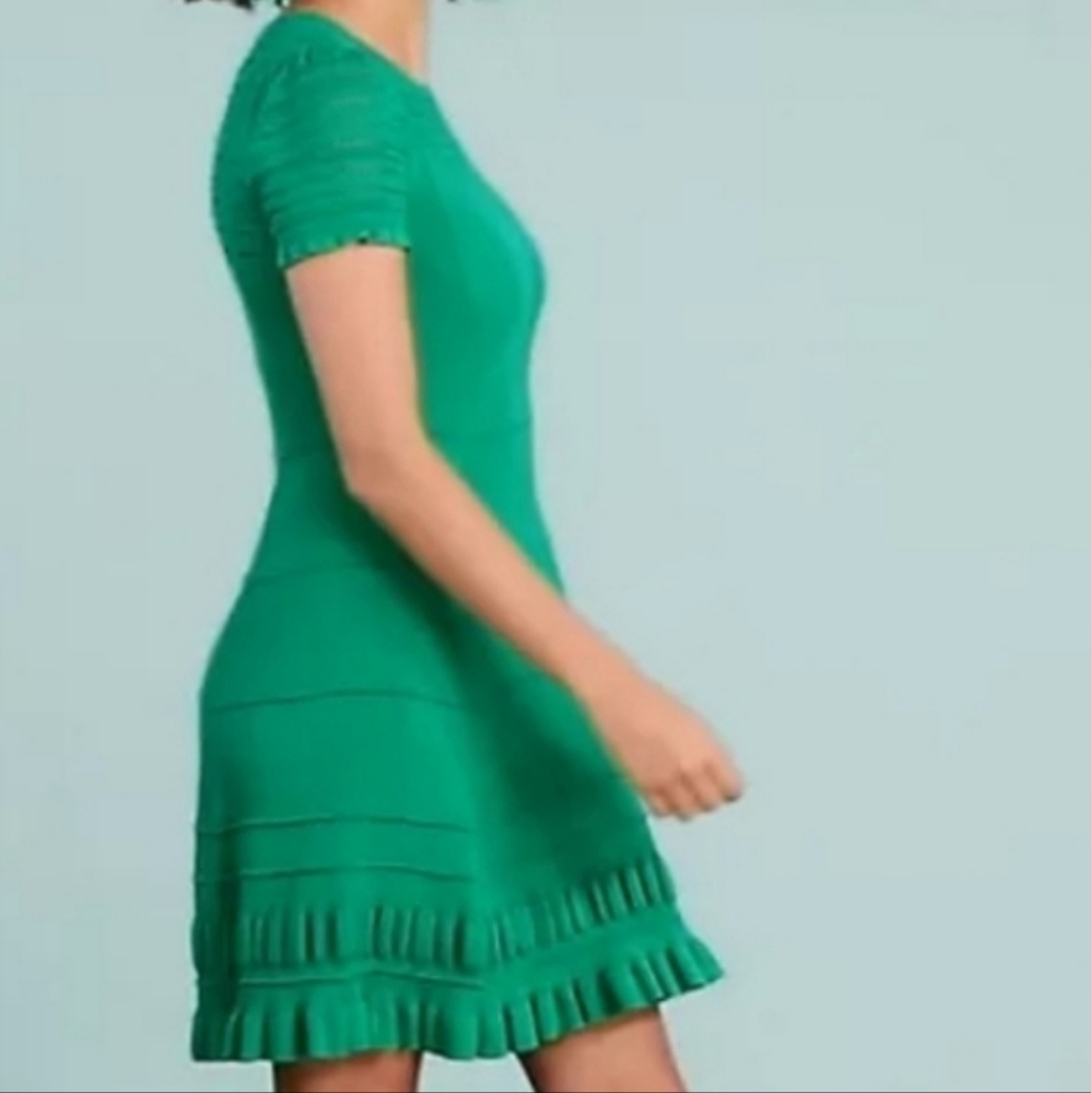 Anthropologie Maeve Knit‎ Dress Women Smerald Green SzXS Ruffle Knit